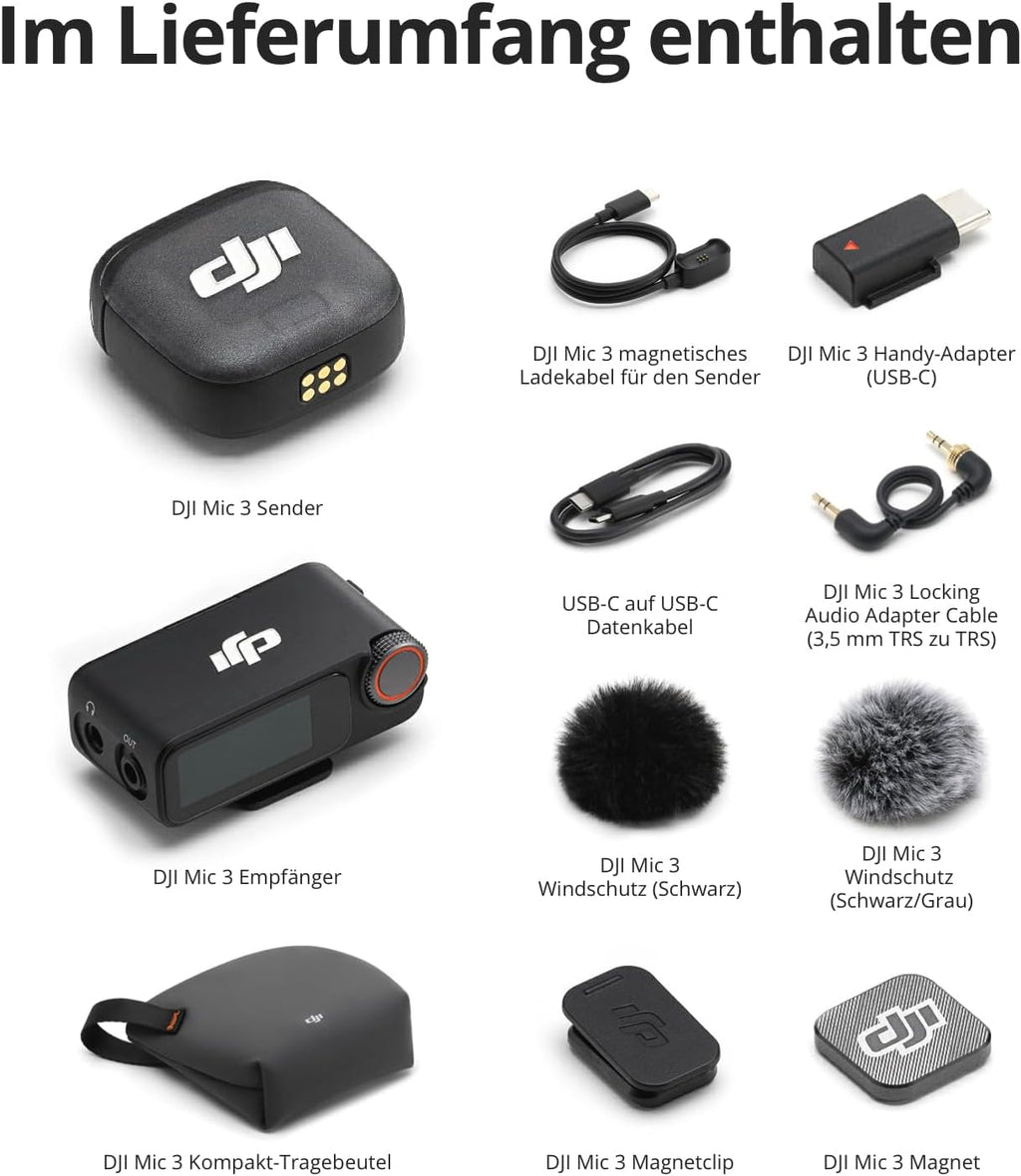 DJI Mic 3 (1 Sender + 1 Empfänger), drahtloses Lavalier-Mikrofon für iPhone/Kamera/Android
