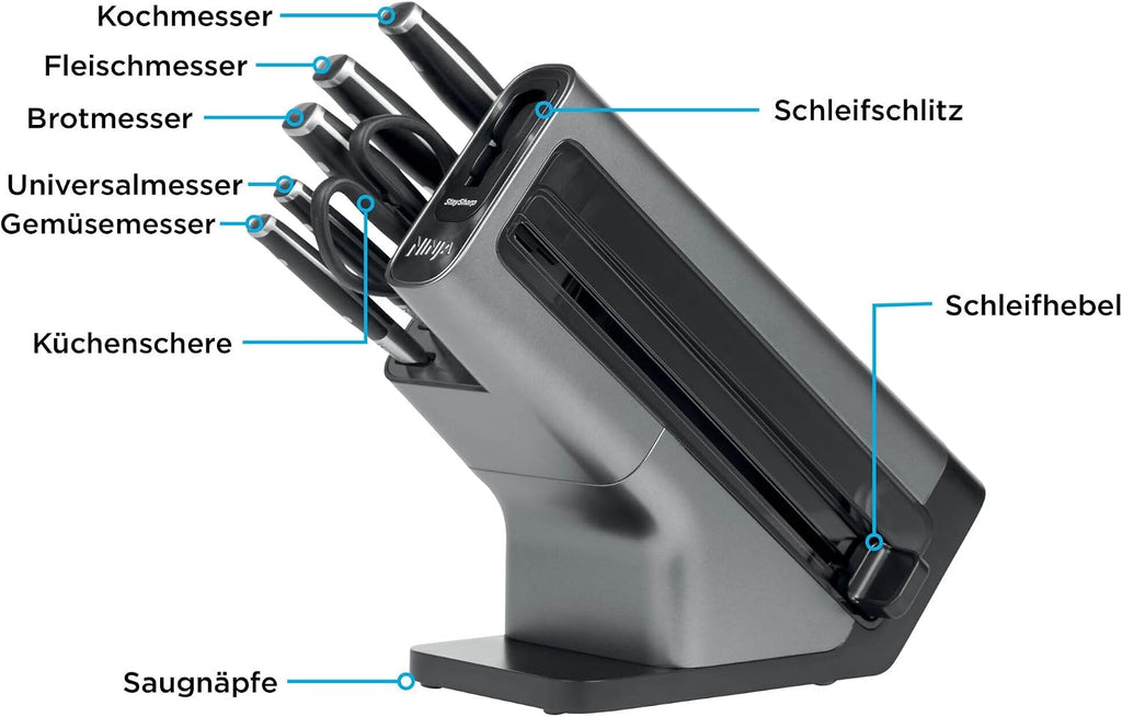 Ninja Foodi StaySharp Messerblock, 6-teiliges Set, Edelstahl, mit integriertem Schärfer