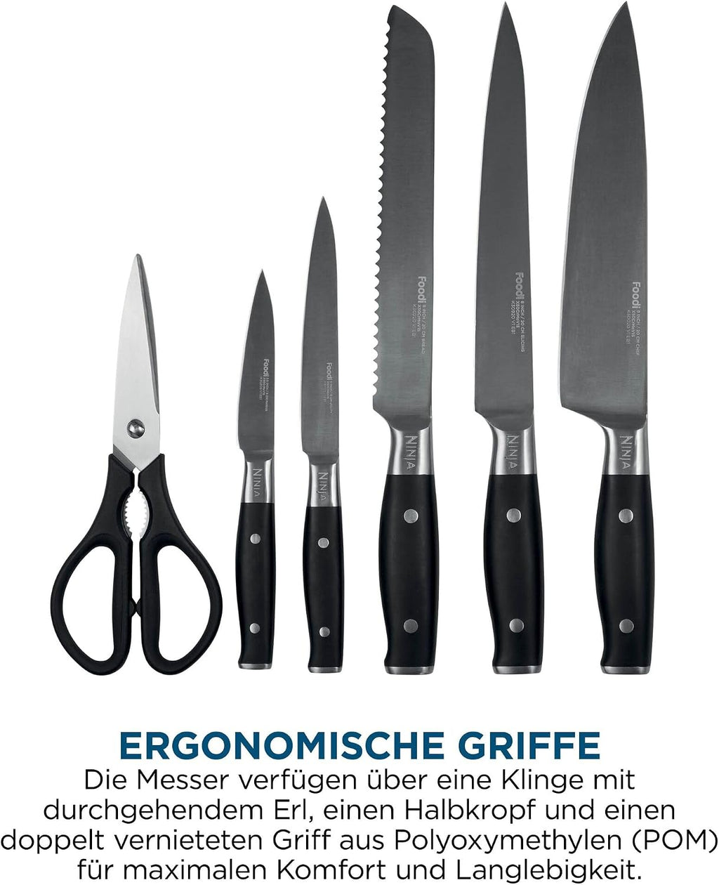 Ninja Foodi StaySharp Messerblock, 6-teiliges Set, Edelstahl, mit integriertem Schärfer