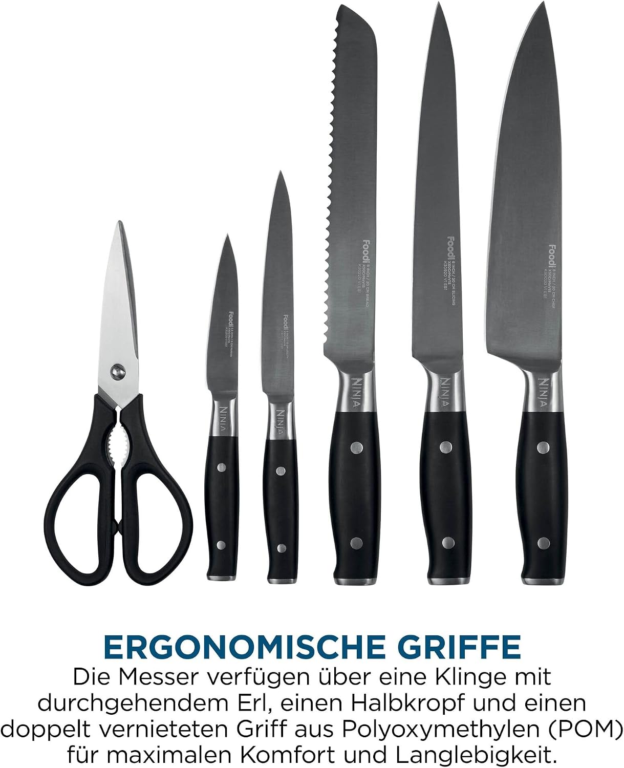 Ninja Foodi StaySharp Messerblock, 6-teiliges Set, Edelstahl, mit integriertem Schärfer