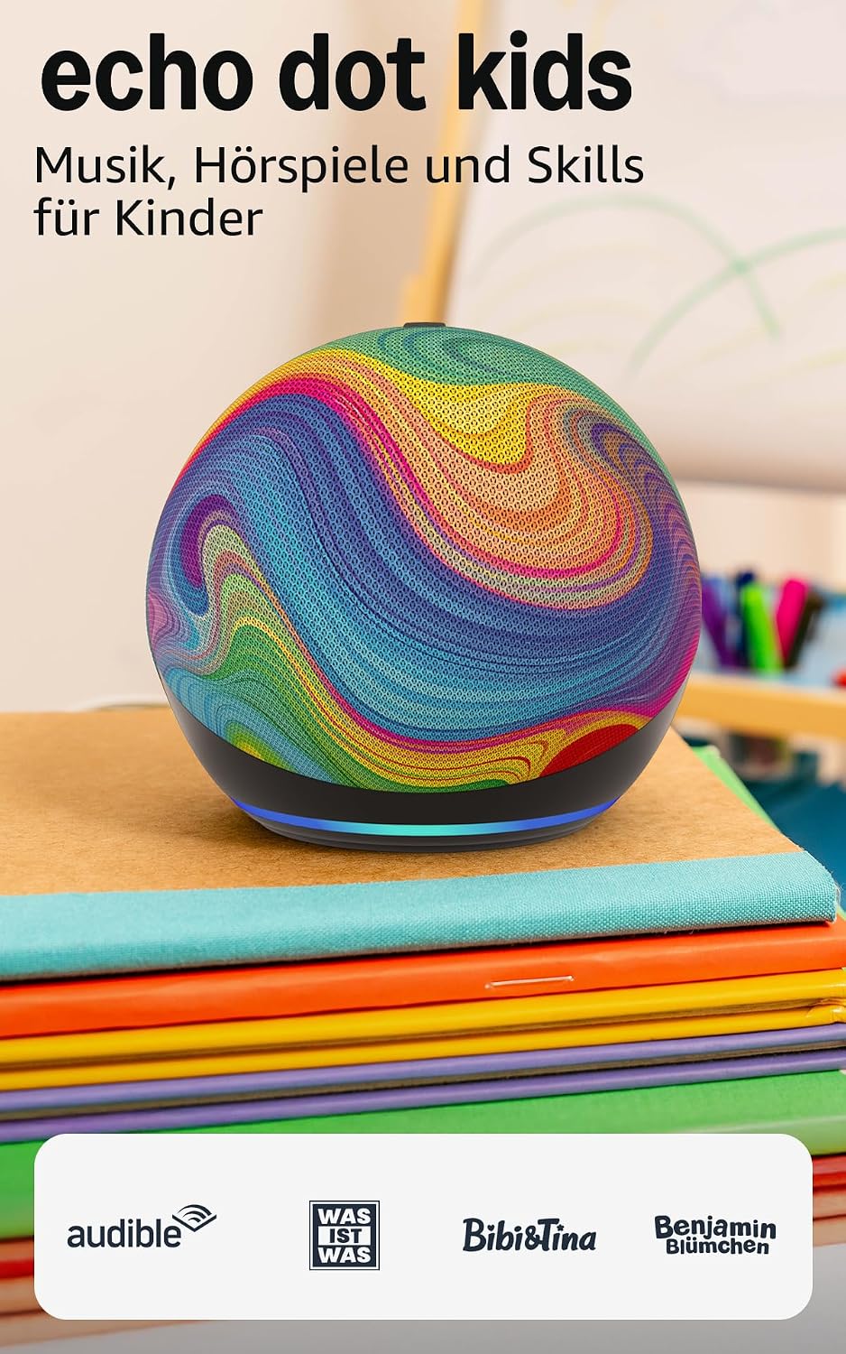 Echo Dot Kids (Neueste Generation) | Smarter WLAN- und Bluetooth-Lautsprecher Regenbogenwirbel, mit Alexa+ Early Access