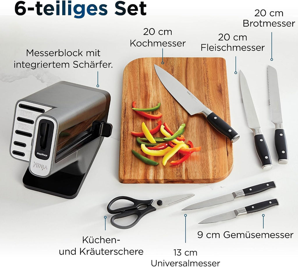Ninja Foodi StaySharp Messerblock, 6-teiliges Set, Edelstahl, mit integriertem Schärfer
